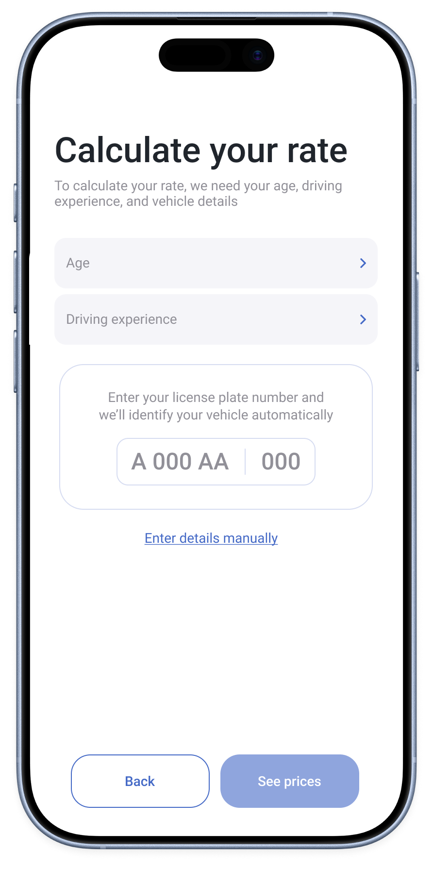 Simble demo screen for entering driver and vehicle details