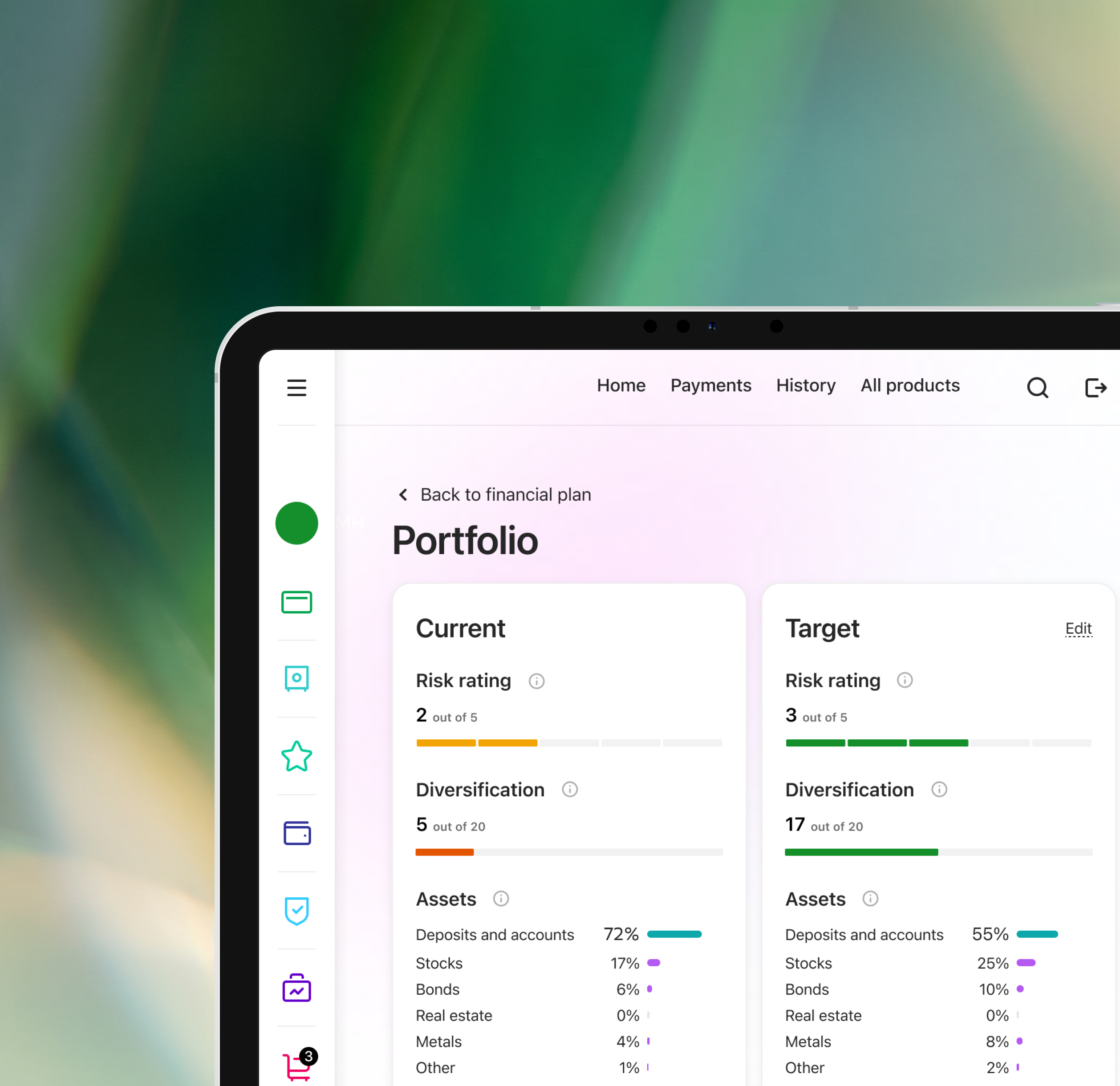 Sber investment portfolio tablet over a green background