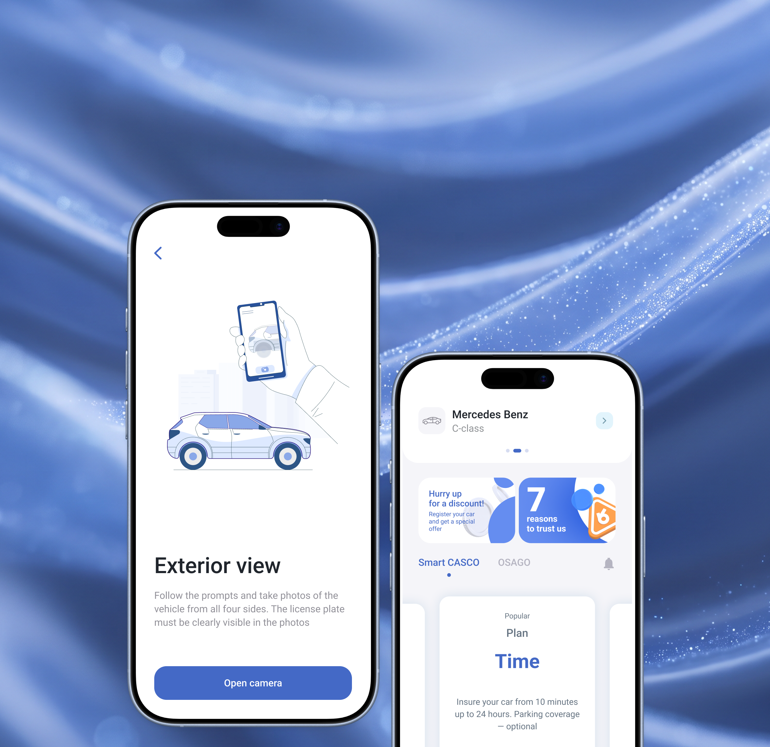 Two Simble app screens over a blue background