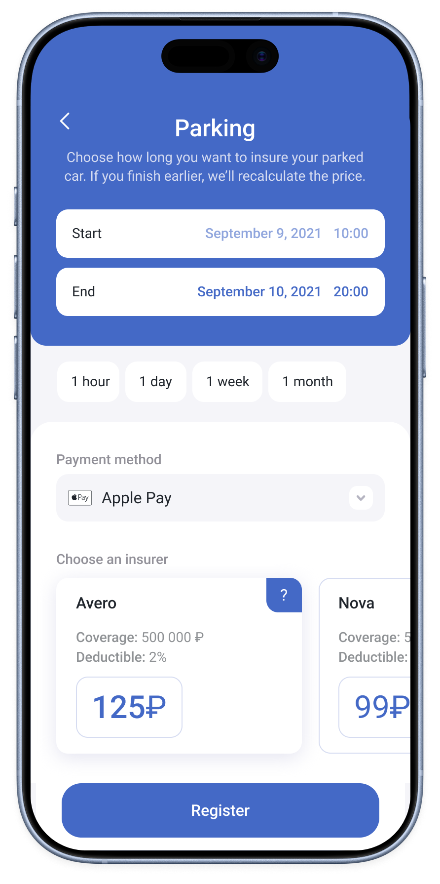 Simble demo screen for configuring a Parking plan